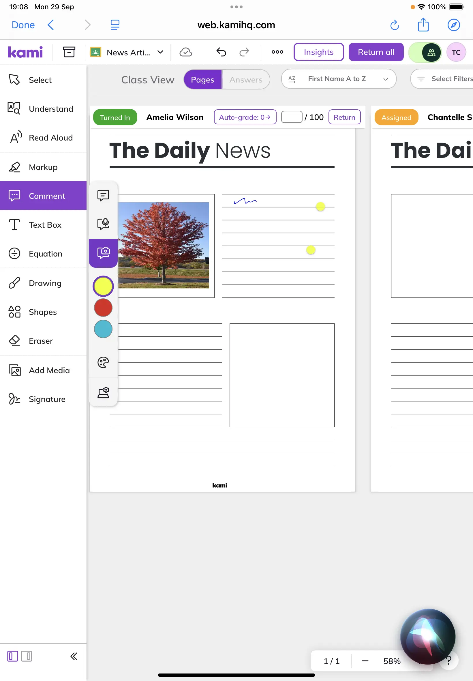 Screenshot of the Screen Capture tool in Kami on an iPad