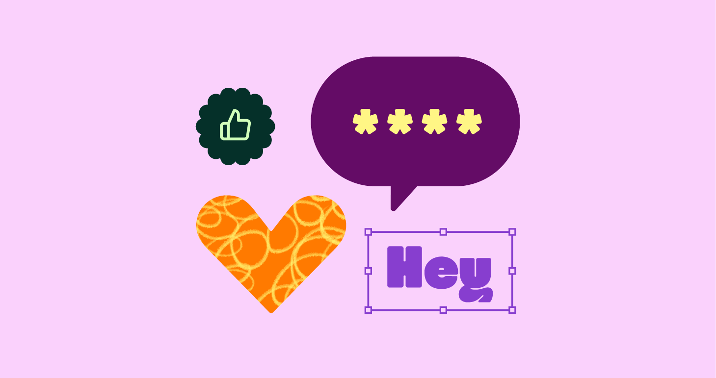 A like emoji, a speech bubble, an orange heart and a text box saying Hey