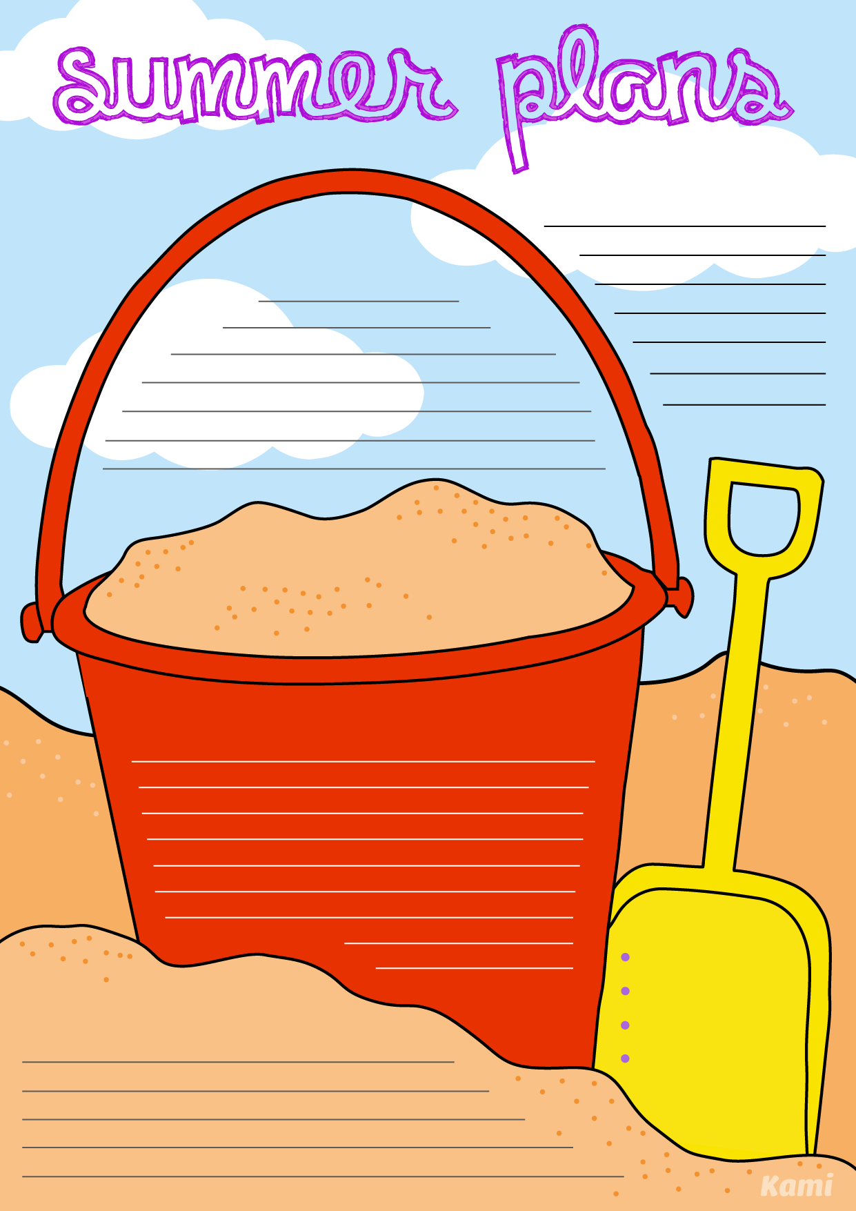An image of a bucket on a beach with blank spaces