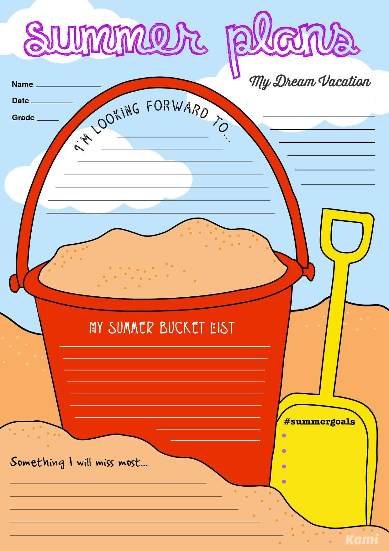 Graphic of a bucket on a beach with places to write summer plans