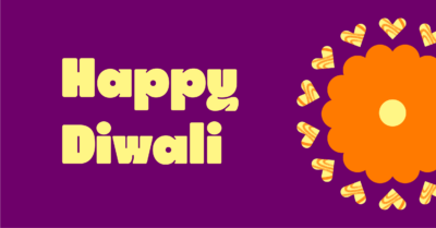 a purple background with yellow text and orange hearts