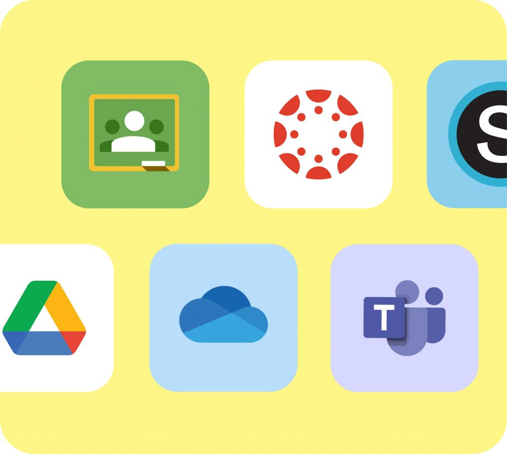 Integration icons for google classroom, canvas, schoology, google drive, one drive and microsoft teams