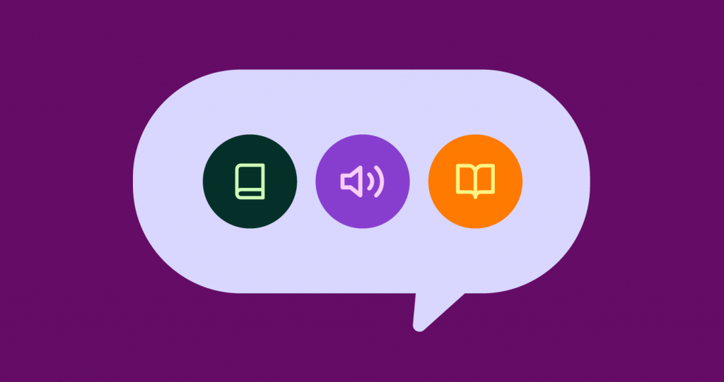 3 icons in a purple speech bubble - closed book, loud speaker and open book