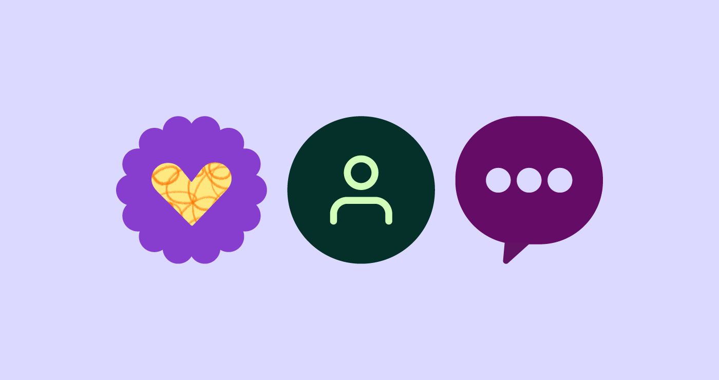 Heart icon, person icon and speech bubble icon on a purple background