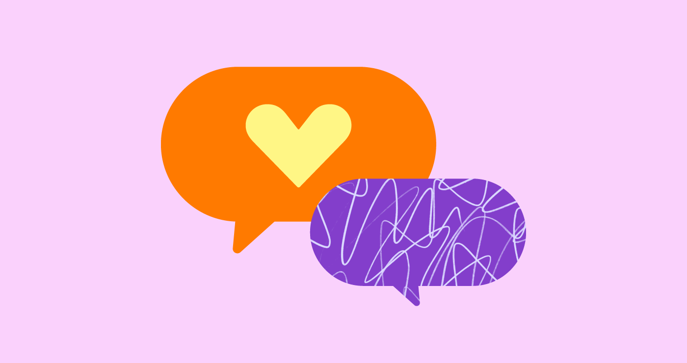 Two speech bubbles, one with a heart and one with a scribbled texture