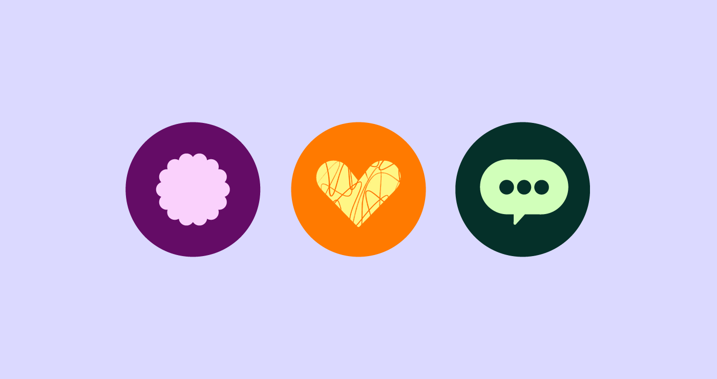 3 icons - a squiggly circle, a heart and a speech bubble