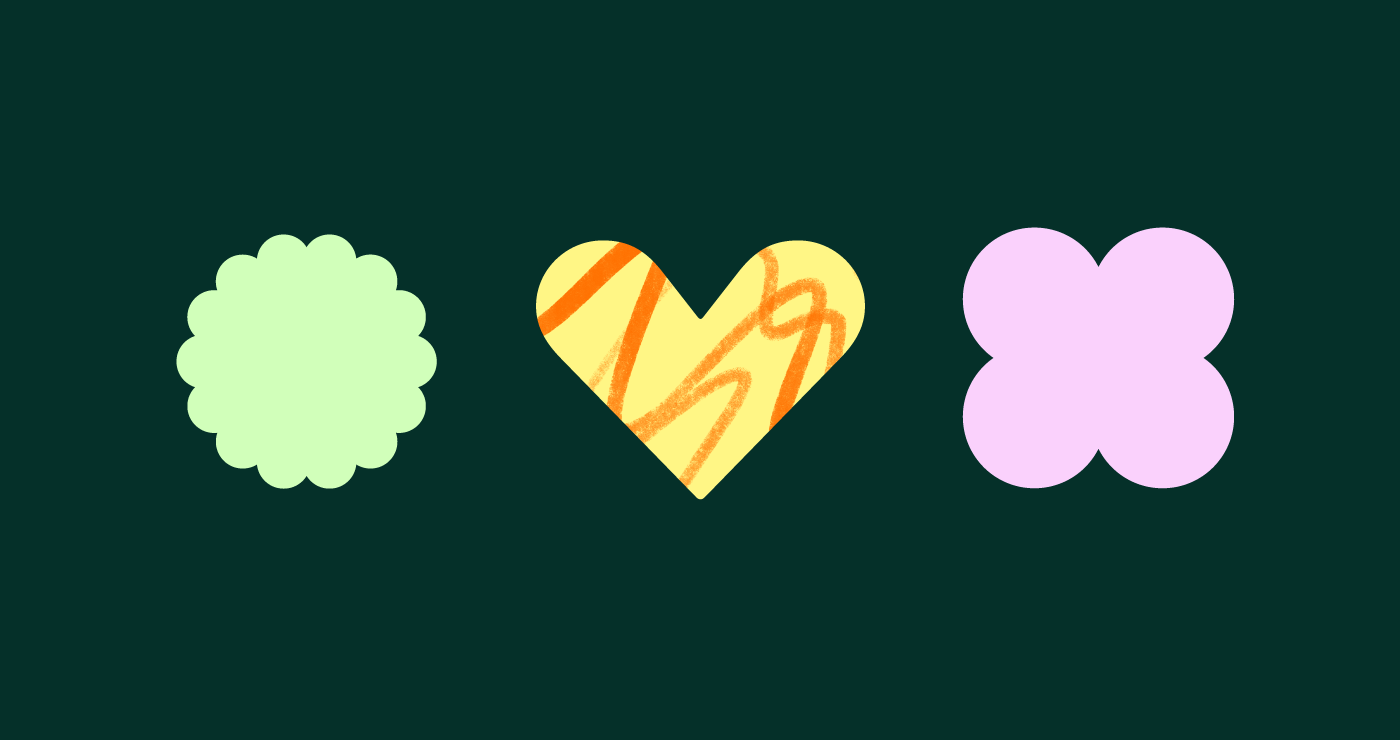 Three icons on green background - squiggly circle, heart and clover
