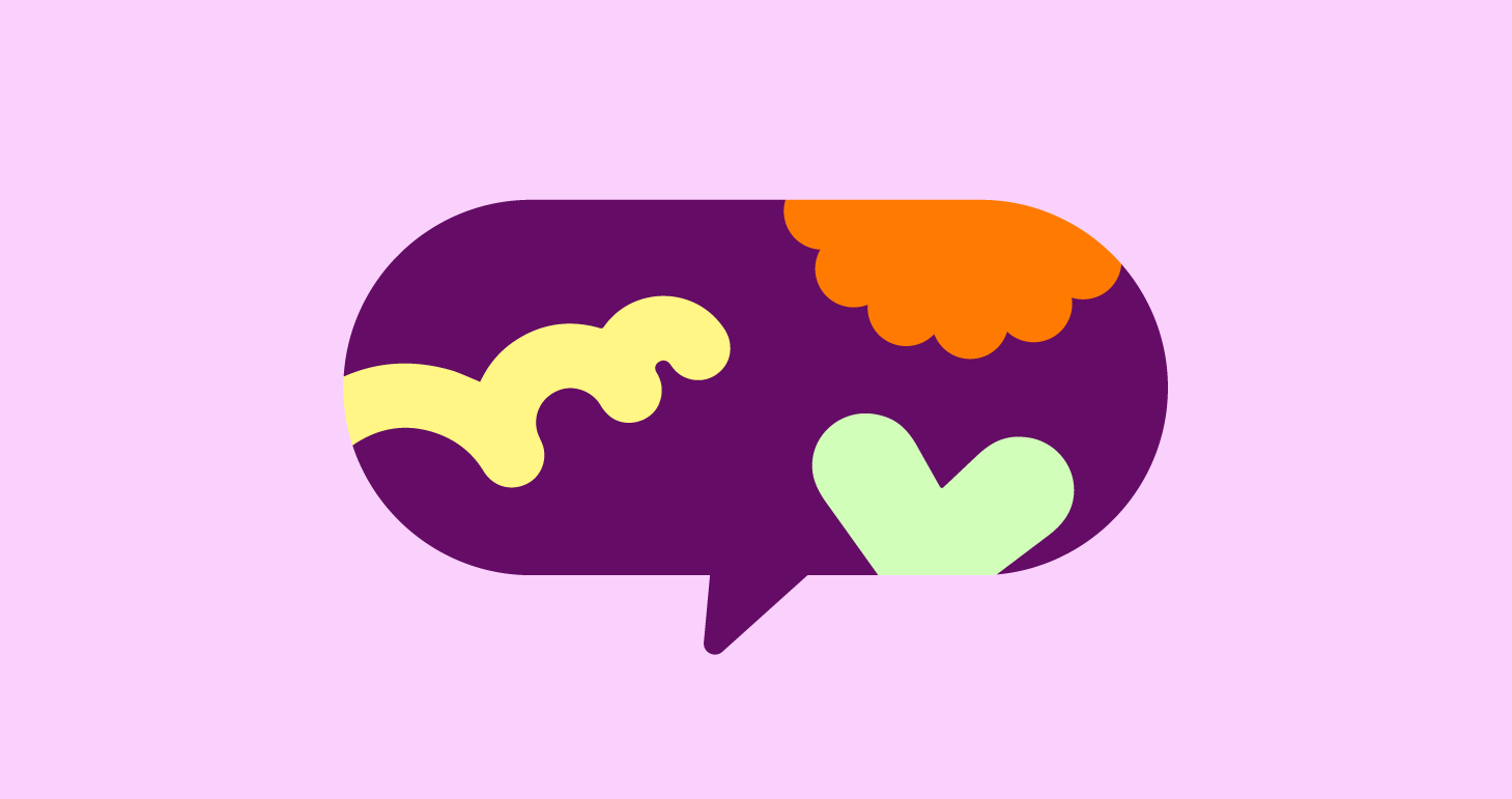 Purple speech bubble on a pink background that has fun squiggles in it