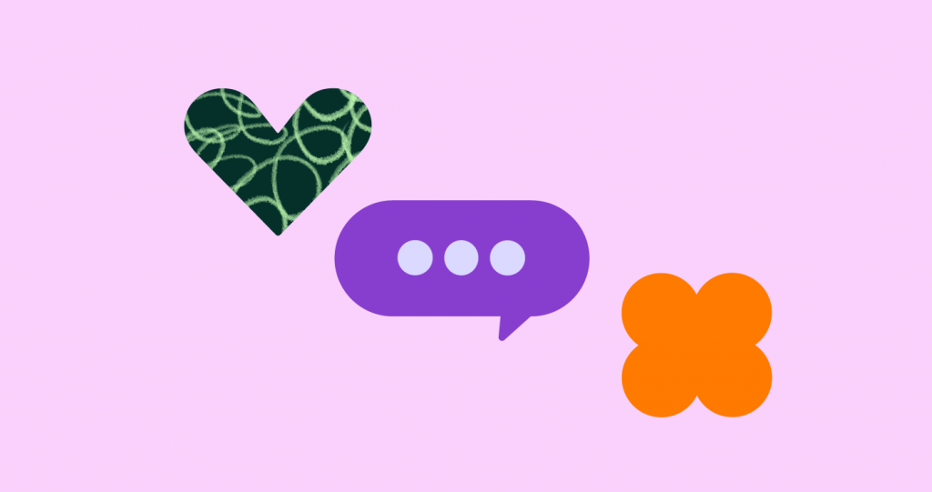 Pink background with three icons - heart, speech bubble and clover