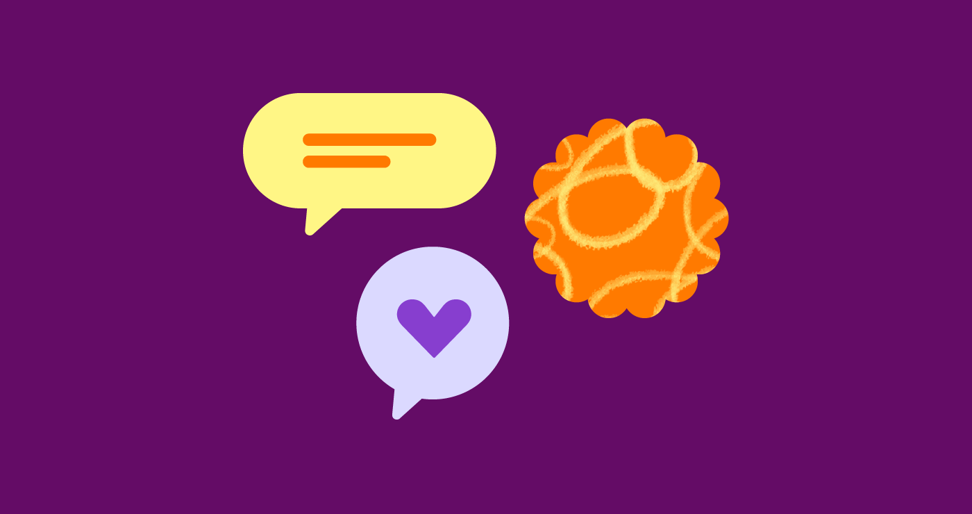 Graphic showing 3 elements - 2 speech bubbles and one patterned circle