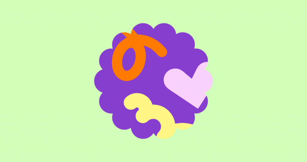 Green background with a fun purple scalloped edged circle that has squiggly lines and a heart inside