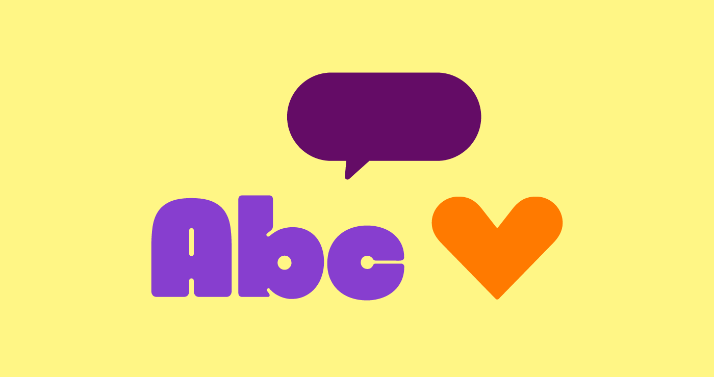 Yellow background with 'abc' graphic next to a purple speech bubble and orange heart