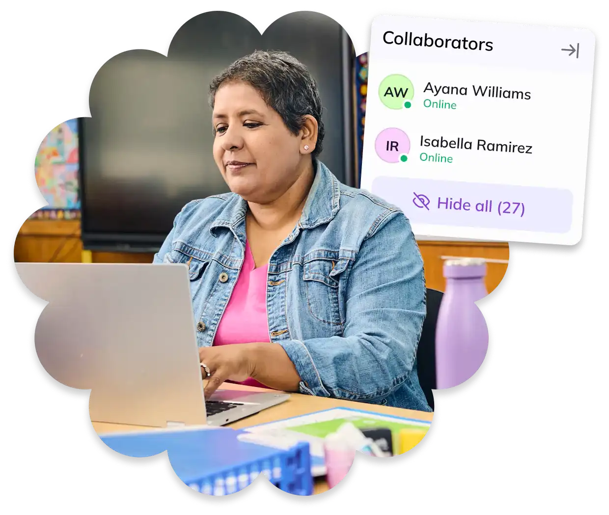 A woman in a denim jacket sits at a desk working on a laptop. A graphic shows online collaborators named Ayana Williams and Isabella Ramirez. The setting appears to be a classroom or office.