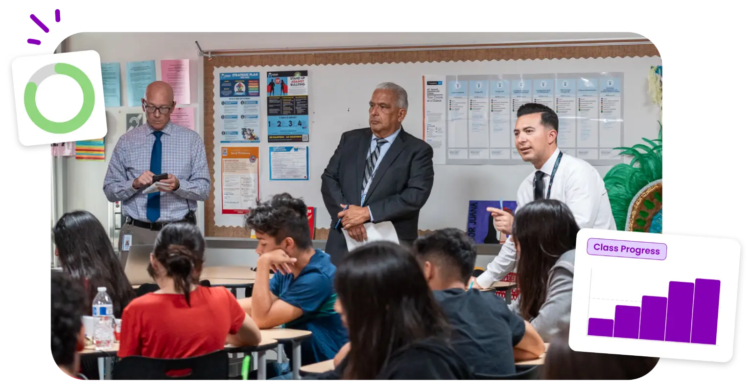Three men, two in shirts and ties and one in a suit, stand at the front of a classroom while students sit at desks, listening and writing. Educational posters and charts are displayed on the whiteboard behind them.