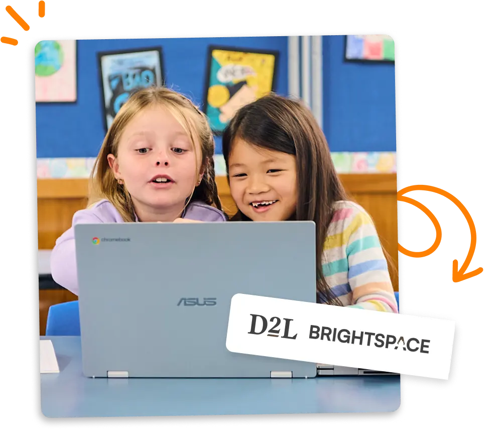 Image of 2 kids collaborating behind a computer screen. There is a D2L Brightspace logo overlay.