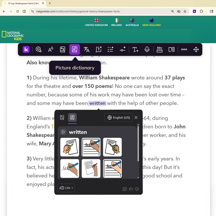 Companion's Picture Dictionary feature showing illustrated images of the word "written"