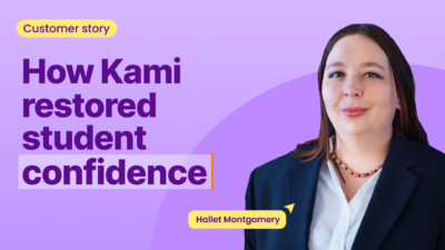 A customer story blog thumbnail featuring educator Hallet Montgomery with the title "How Kami restored student confidence