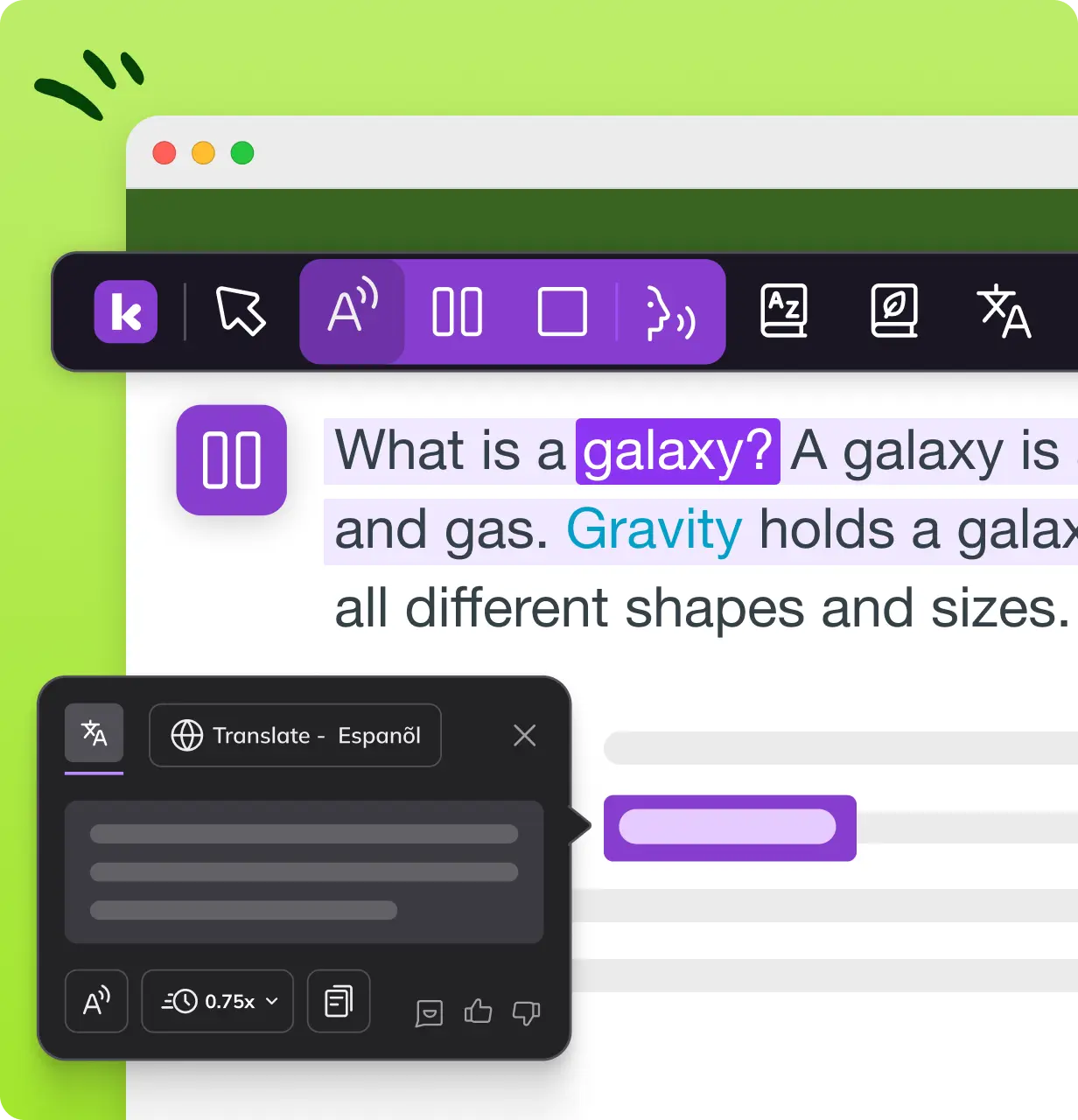 Digital learning interface showing the Kami Companion toolbar