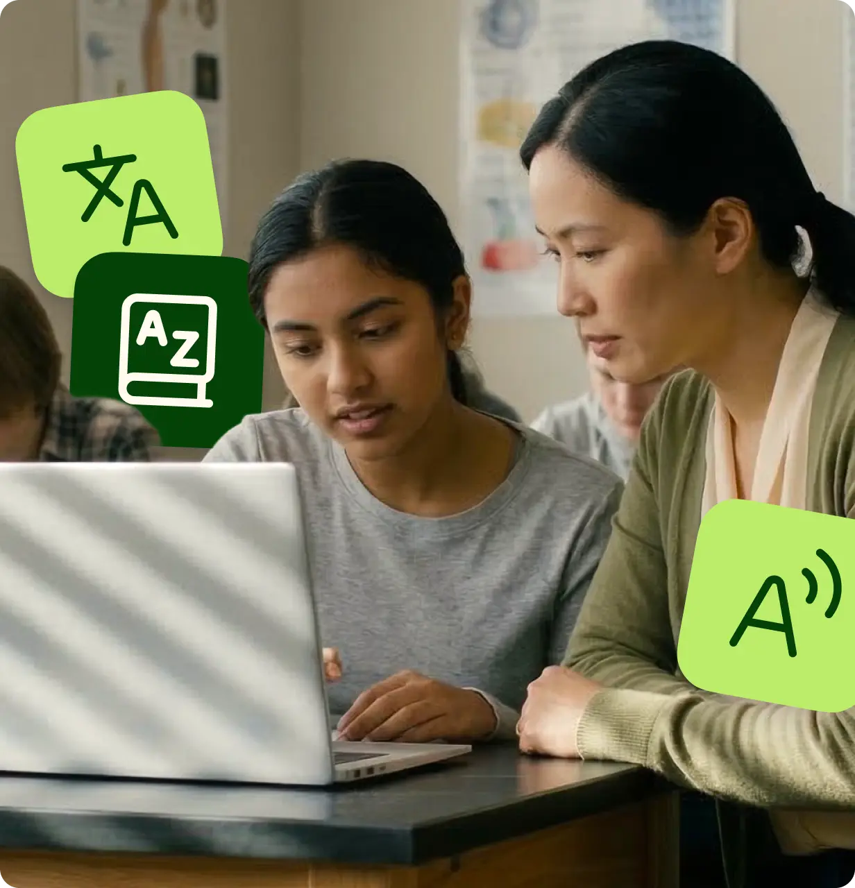 Student and teacher collaborating on a digital activity