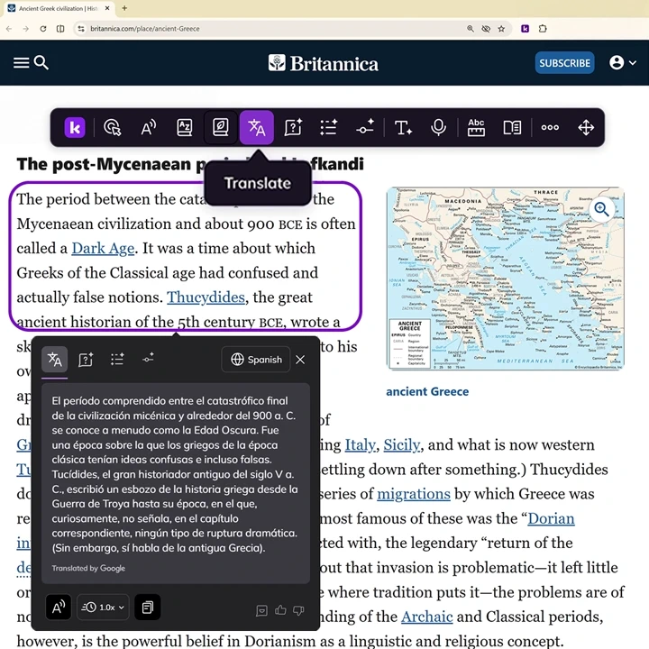 Companion's Translate showing a selected paragraph translated into Spanish