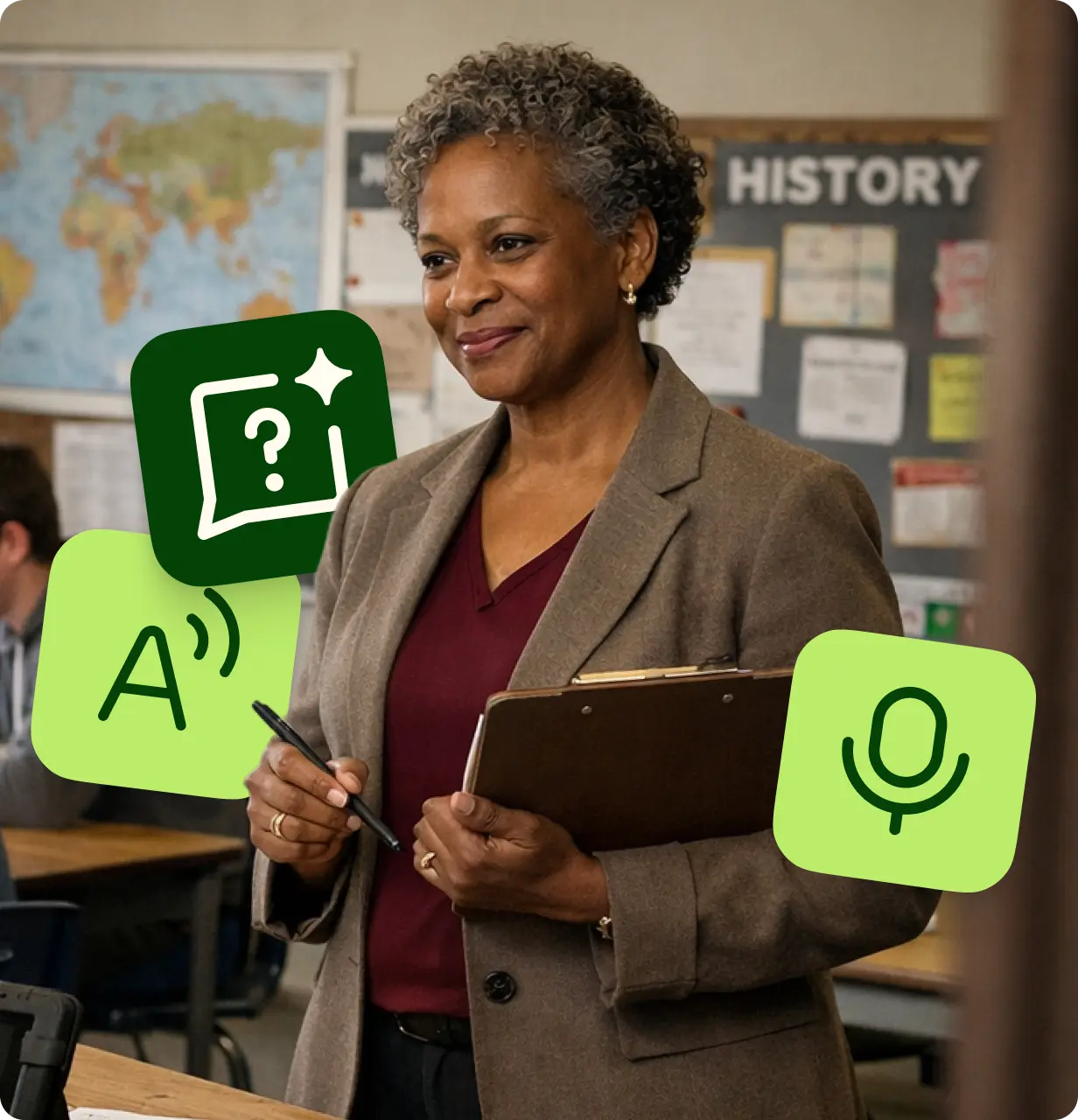 A teacher leading a classroom, overlaid with icons for Explain and Read Aloud.
