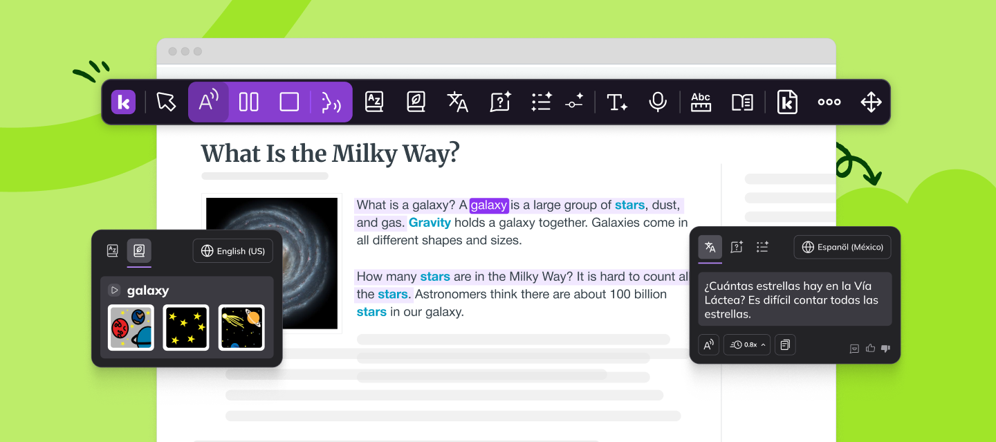 Kami digital toolbar with accessibility icons for reading, translating, and summarizing classroom assignments