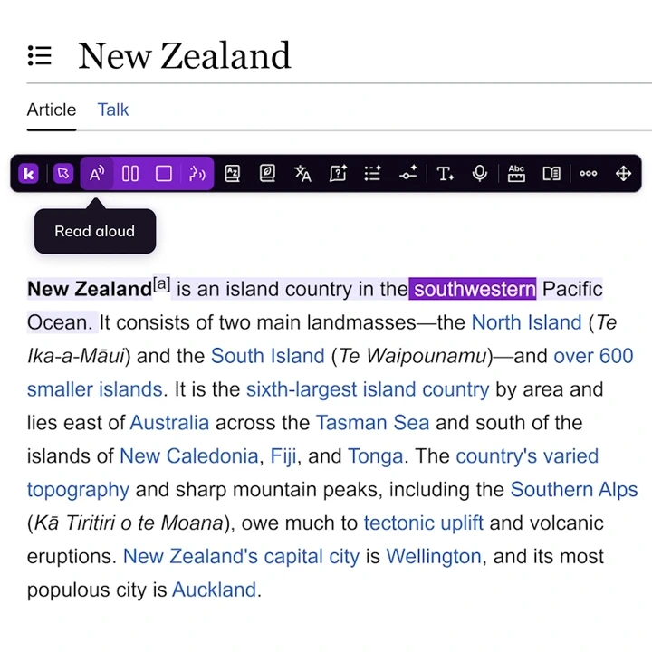 Companion toolbar on a Wikipedia page with the Read Aloud feature