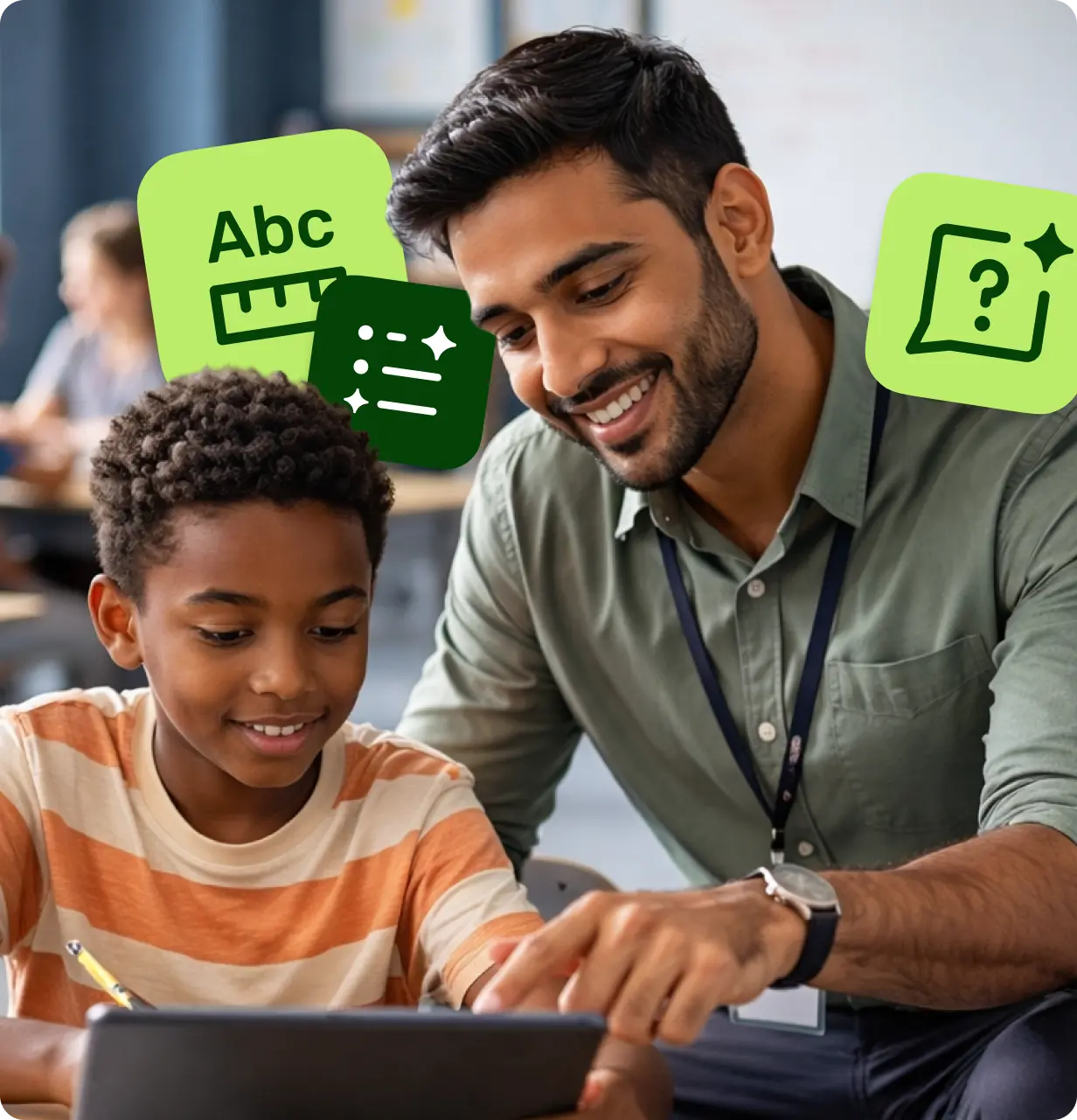 Teacher and student collaborating on a digital activity