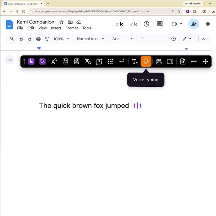 Companion's Voice Typing feature active in Google Docs, transcribing spoken words into text