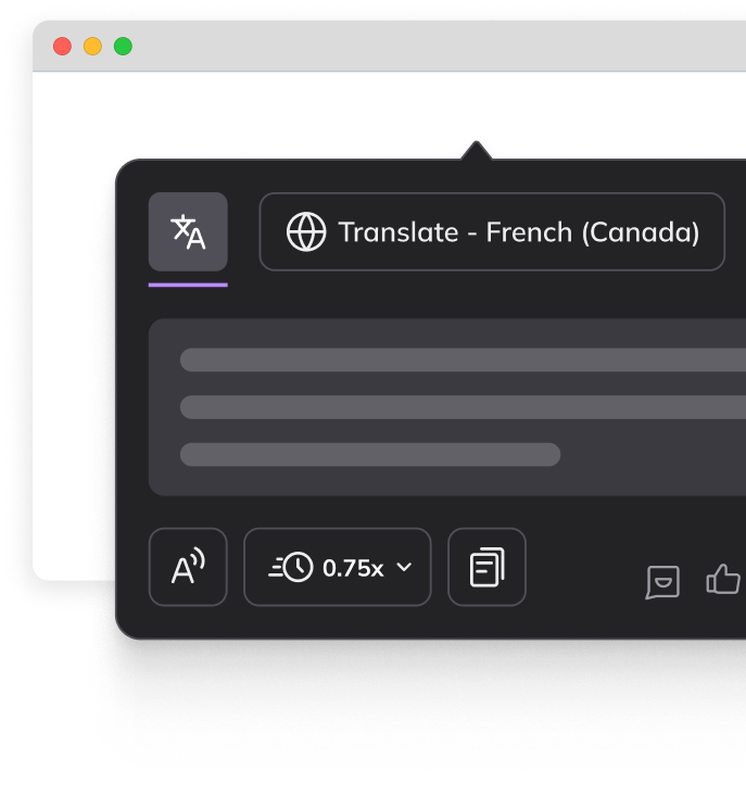 Close-up of the Kami Companion translation panel showing ‘Translate – French (Canada),’ with controls for read-aloud/audio and playback speed (0.75x) inside a browser window.