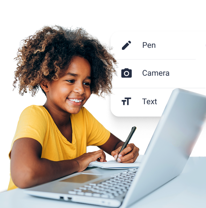 Student smiling while writing in a notebook beside a laptop, with an overlay menu showing tools: Pen, Camera, and Text.