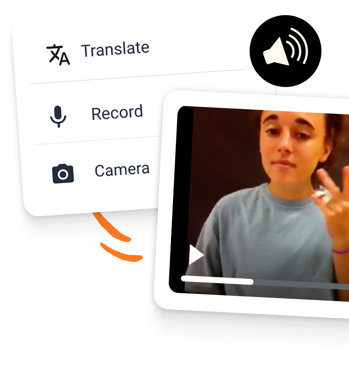 Overlay menu listing Translate, Record, and Camera beside a video clip of a student recording themself, with a speaker/audio icon.