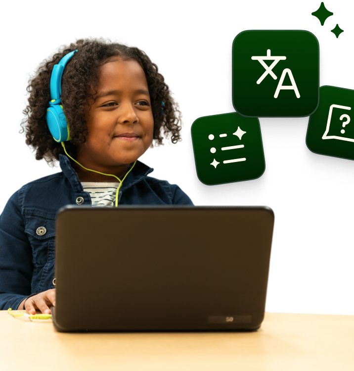 Child wearing bright blue headphones uses a laptop, with green feature icons floating nearby (translation, writing/sparkles, and a question mark).