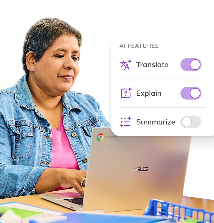 Teacher using a laptop, with an overlay panel titled ‘AI FEATURES’ showing toggles for Translate and Explain turned on and Summarize turned off.