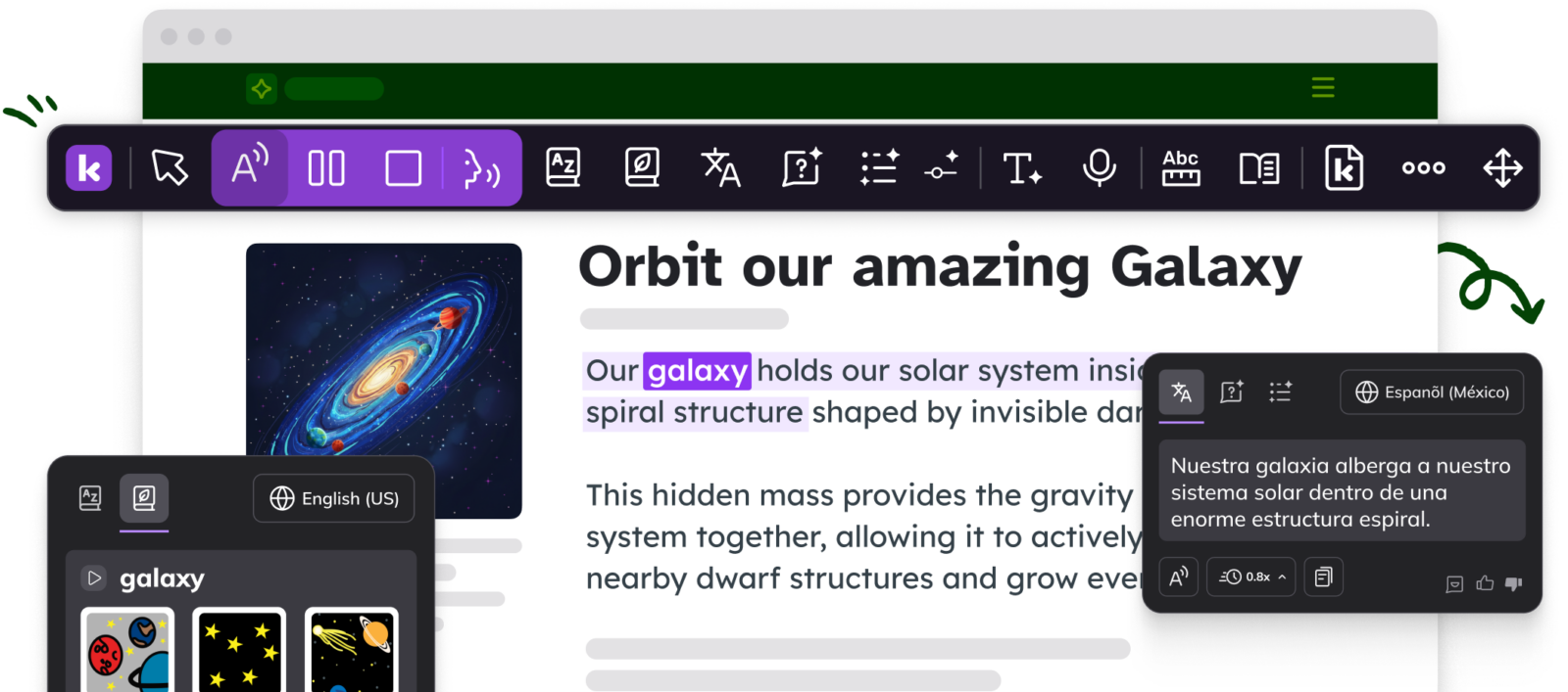 Screenshot-style graphic of a document titled ‘Orbit our amazing Galaxy’ being edited with the Kami Companion toolbar; a translation pop-up (Español (México)) appears over highlighted text.