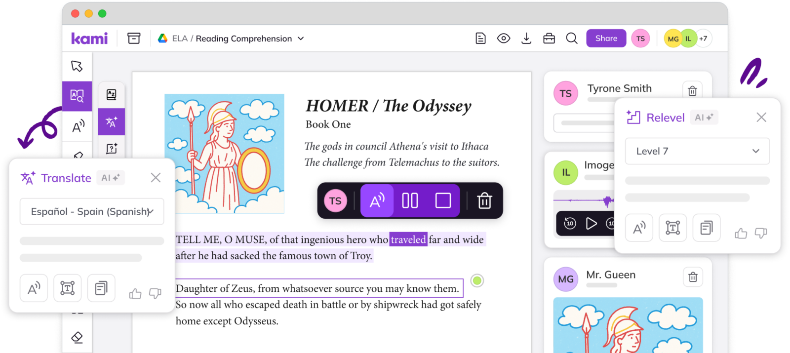 Kami interface with a reading passage open and highlighted text; pop-up panels show tools like Translate (Español–Spain) and Relevel (Level 7) alongside a sidebar of student submissions.