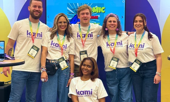 Six educators collaborating at an educational convention.