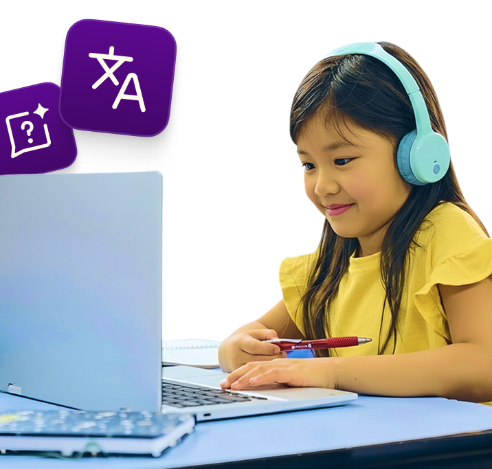 Student wearing light blue headphones works at a laptop while holding a pen, with purple AI feature icons floating nearby