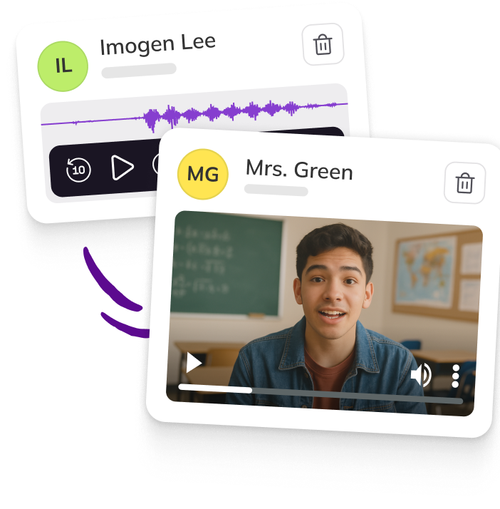 Two feedback cards showing audio and video responses—one with an audio waveform and one with a teacher video message—labeled ‘Imogen Lee’ and ‘Mrs. Green.’
