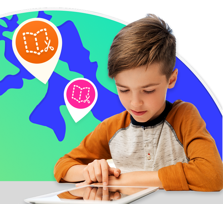 Student using a tablet in front of a stylized world map, with location pins showing Book Creator icons to represent sharing work.
