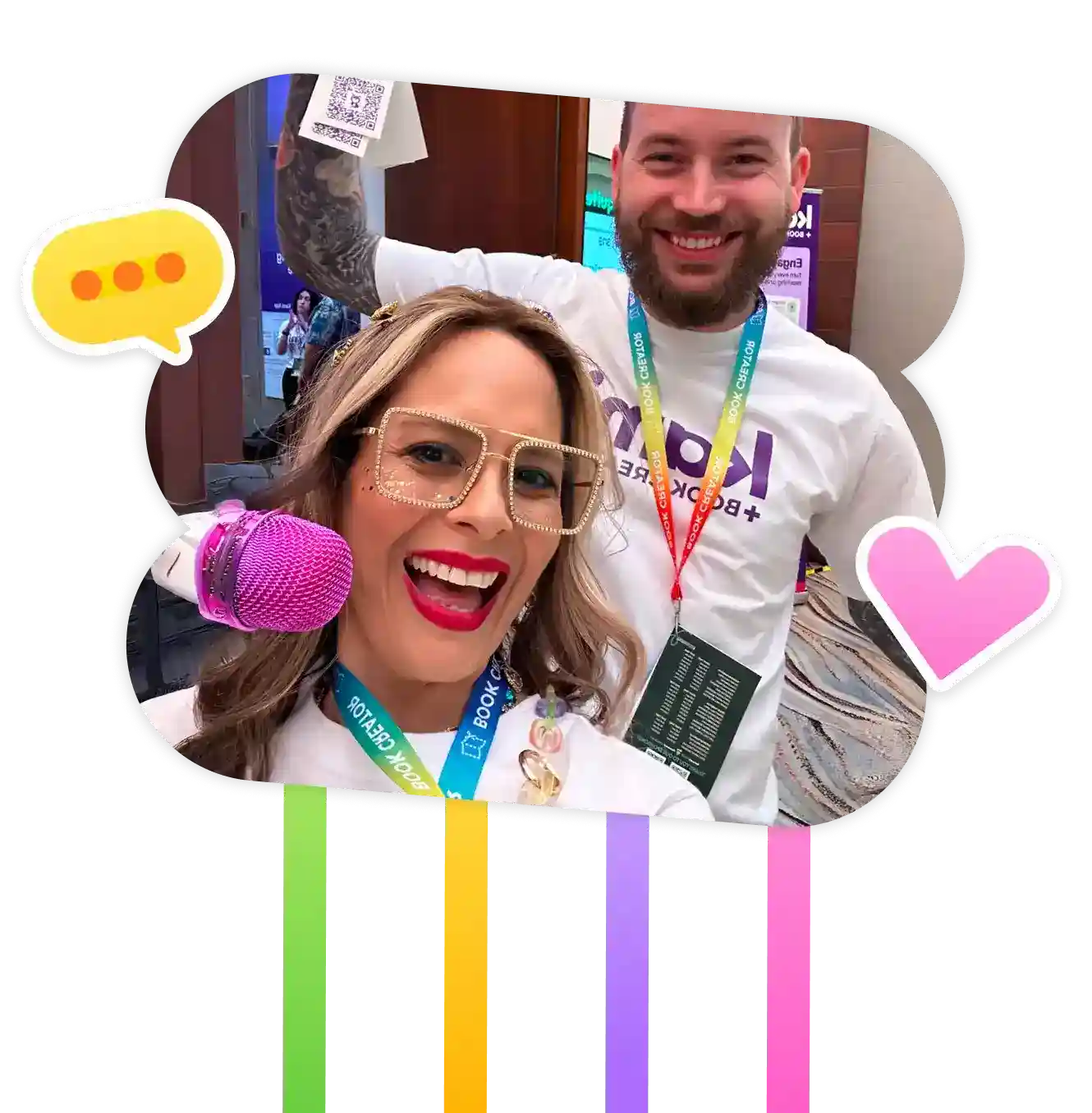 Two educators smiling and collaborating at an EdTech conference while wearing lanyards and holding a pink microphone.