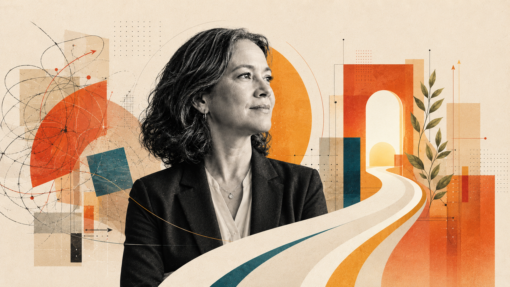 Leading for coherence. A woman looks confidently to the future