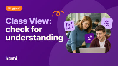 A teacher guides a student looking at a laptop in a classroom, surrounded by digital learning icons.