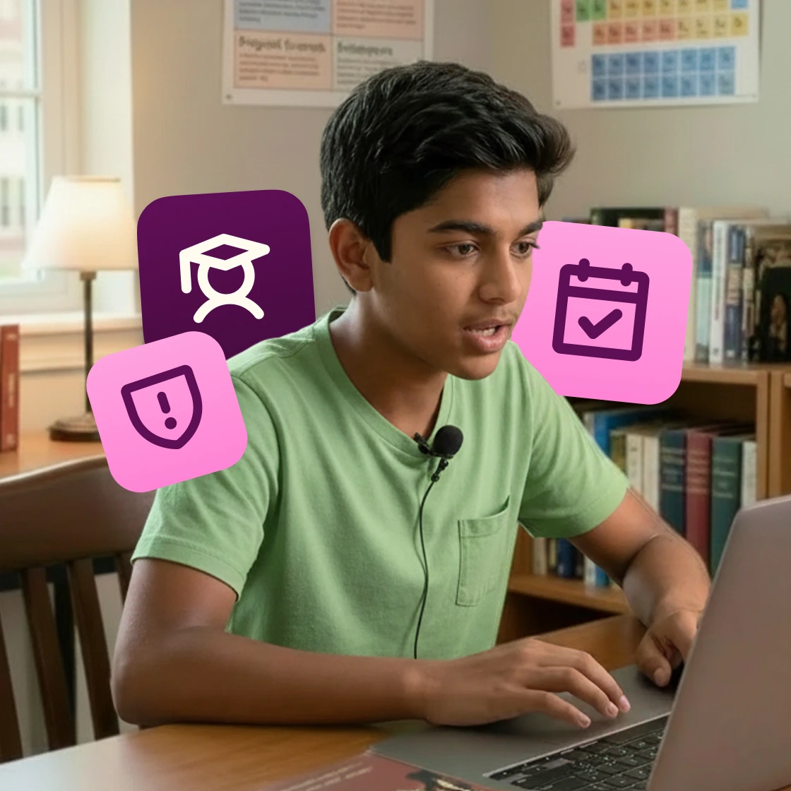Student on laptop in classroom with floating pink icons around them