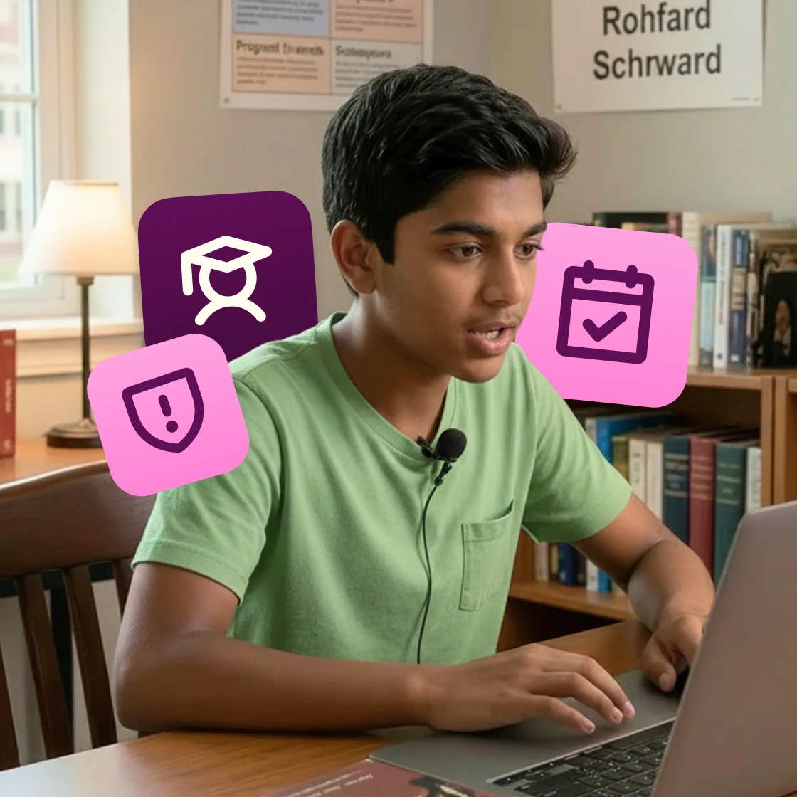 Student studying on computer with Kami Coach icons surrounding him