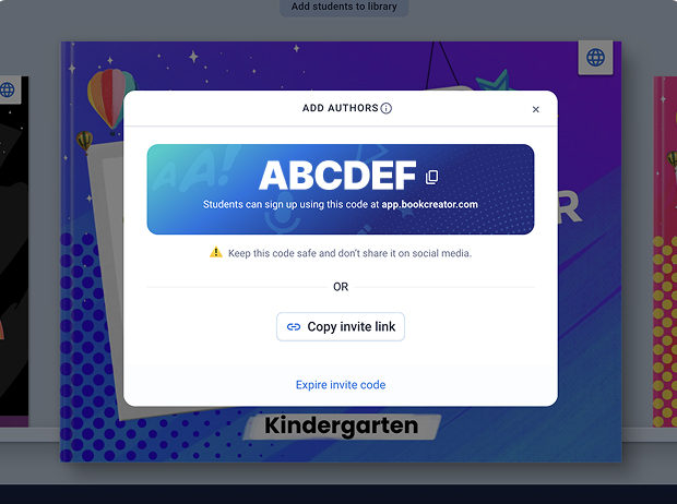 Screenshot of the library invitation code in Book Creator - a blue banner with the code 'ABCDEF' and the option to copy and share the code.