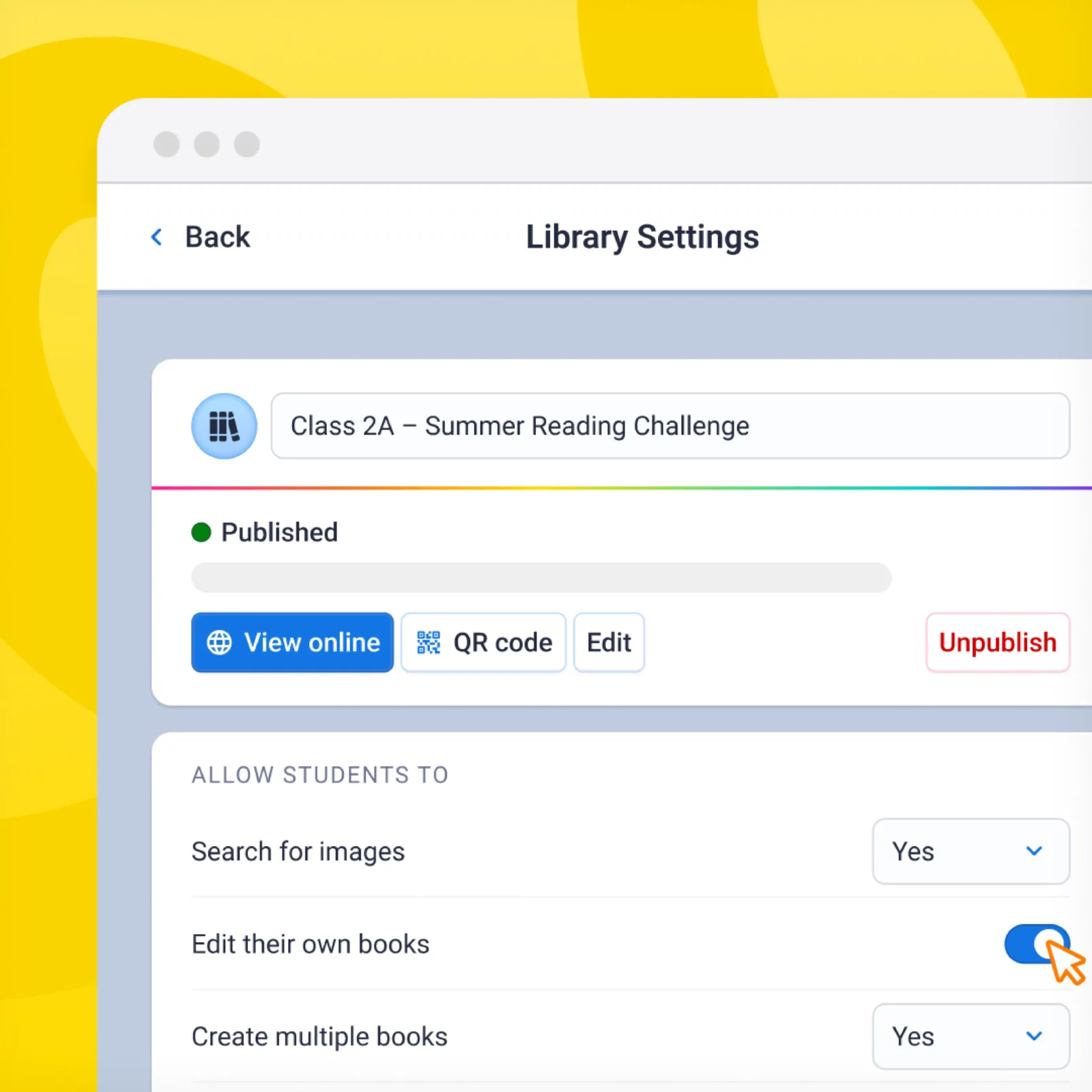 Book Creator Library settings