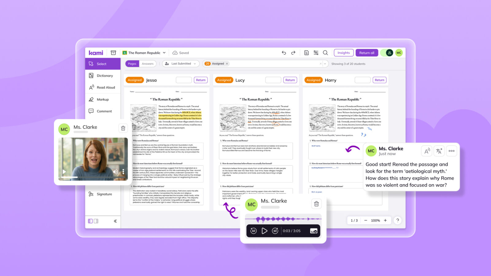Teacher checking for understanding by leaving real-time feedback on a student's live documents in Class View