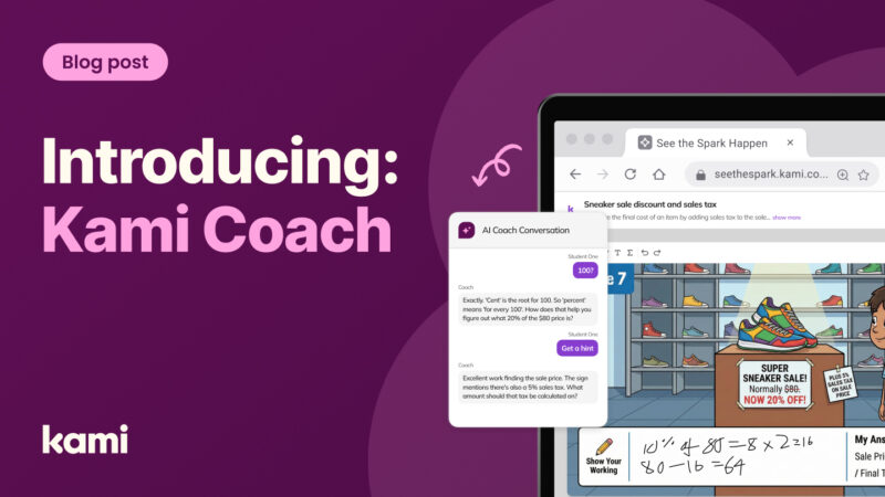 Digital math activity showing a student interacting with an AI coach chat alongside handwritten problem-solving steps.