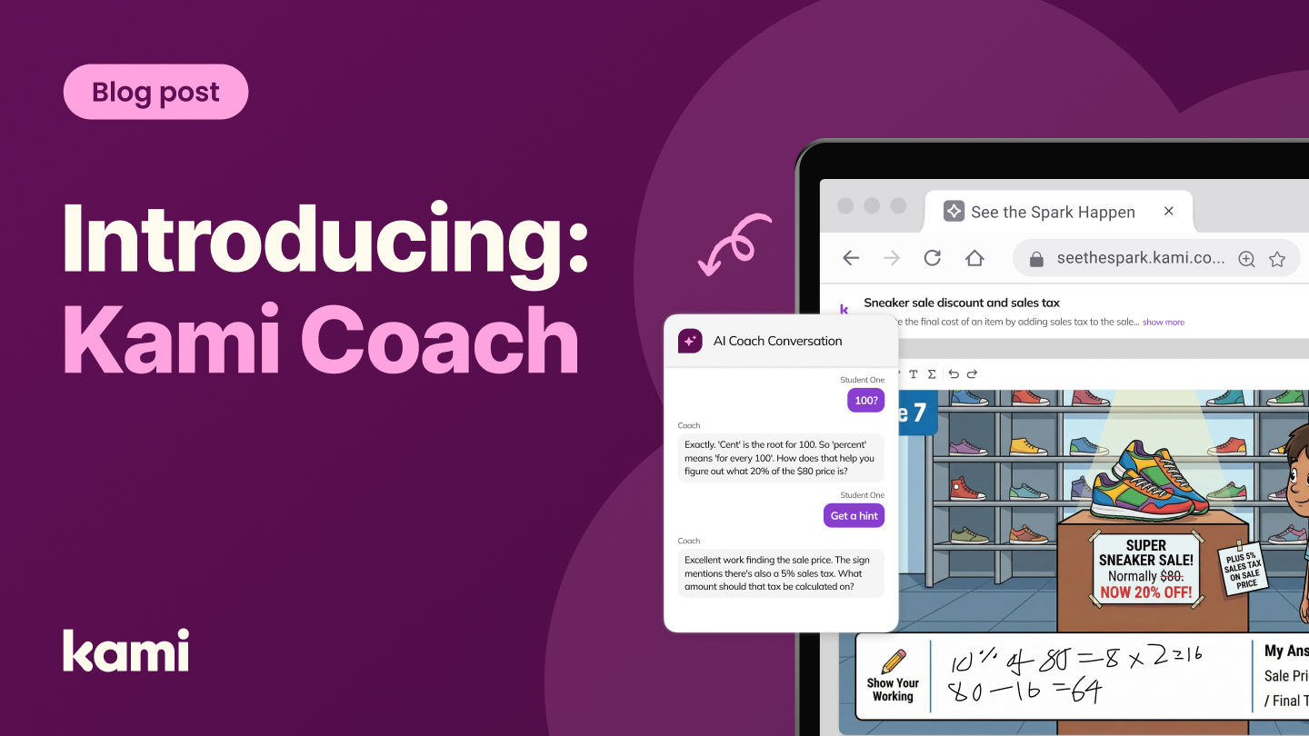Digital math activity showing a student interacting with an AI coach chat alongside handwritten problem-solving steps.